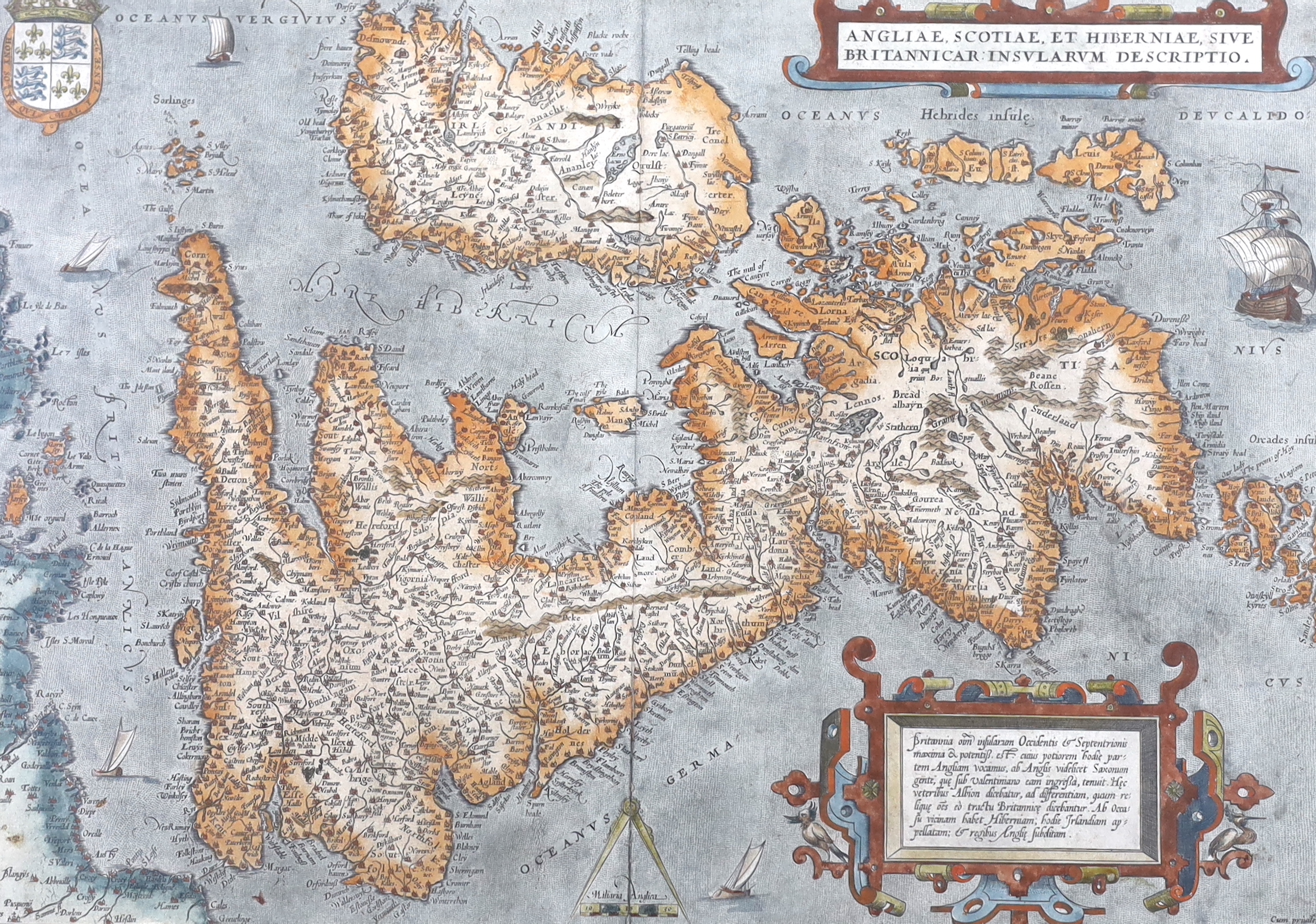 Abraham Ortelius (Belgian, 1527-1598), hand-coloured map, Anglia, Scotiae et Hiberniae Sive Britannicar, Insularum Descriptio, inscribed ‘Carte Anno 1572’ to the margin in pencil, 37 x 52cm